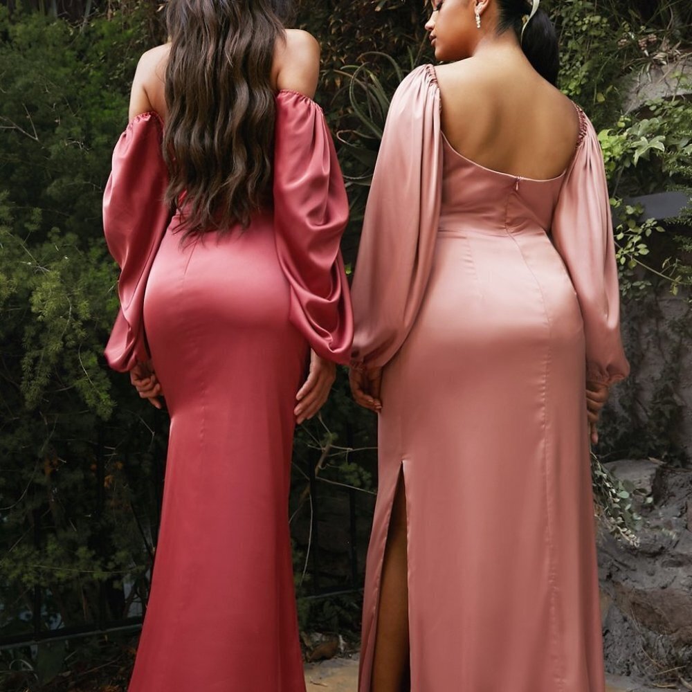 SUNSET-RUST PARTY PROM SATIN SHEATH PUFFY SLEEVES LONG MAXI Evening Dres CD7482 - Picture 4 of 7